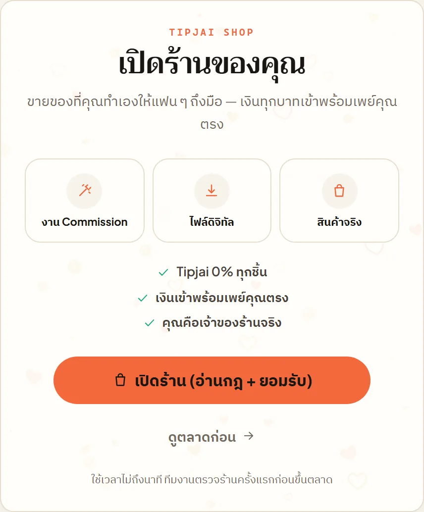 หน้าจอจริงใน Tipjai: ร้านค้าของครีเอเตอร์